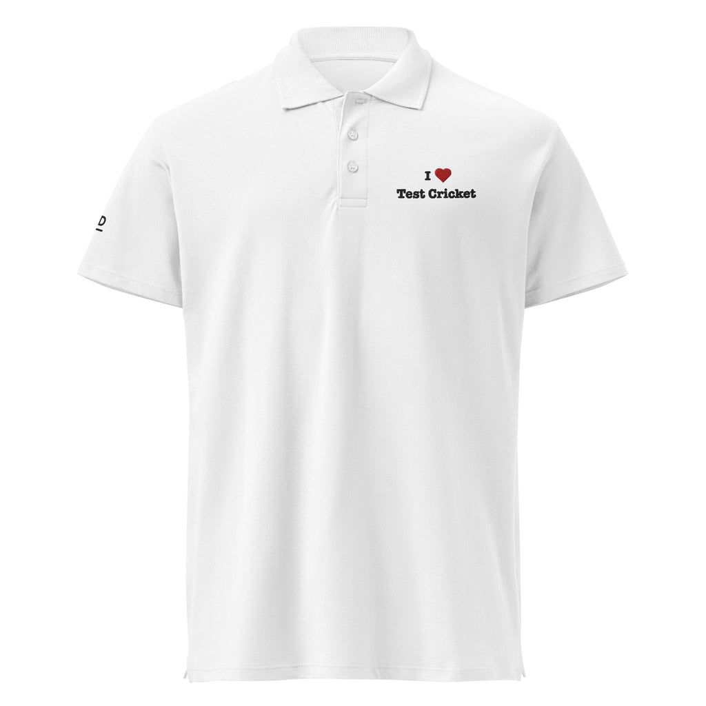 White polo shirt with black logo on a white background
