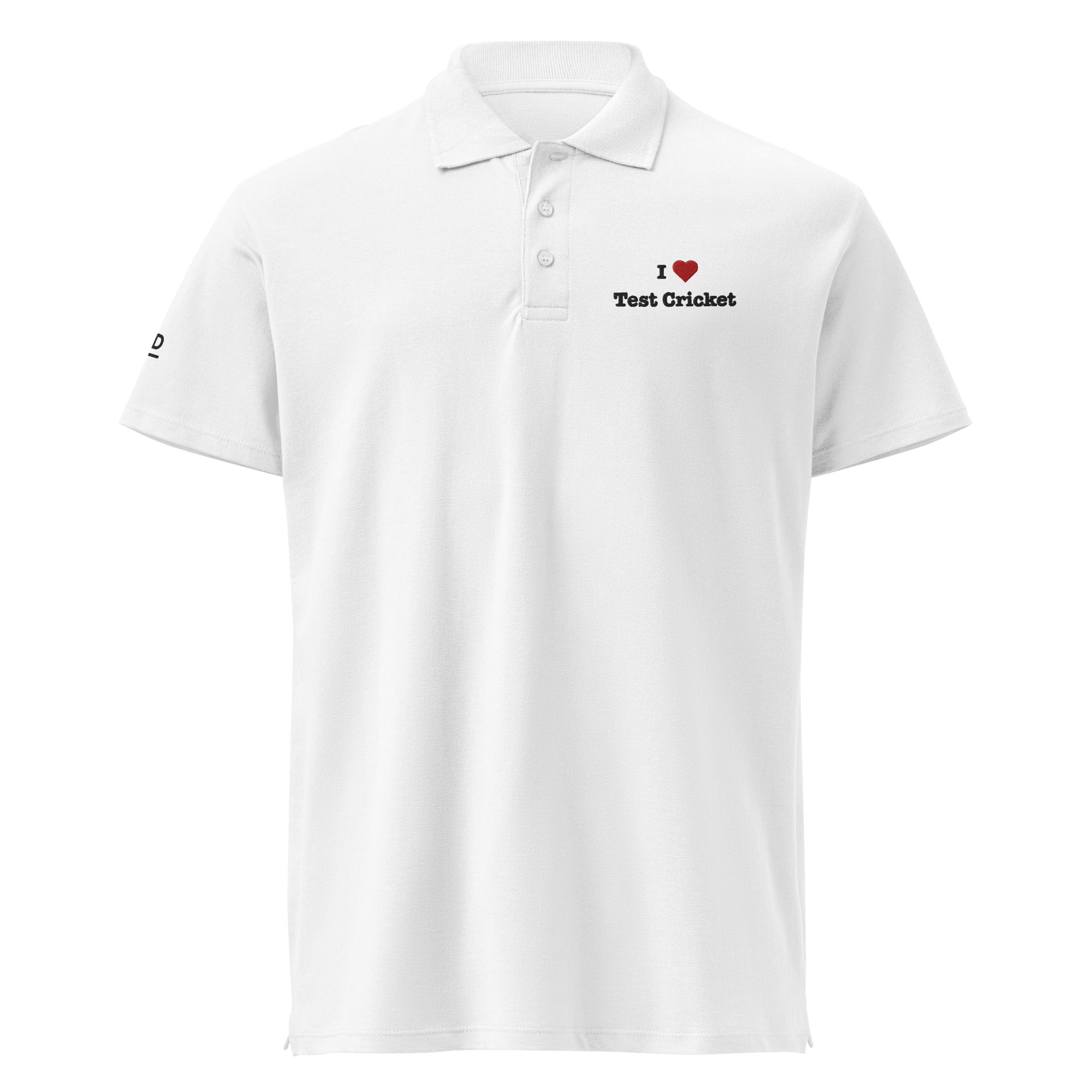 White polo shirt with black logo on a white background