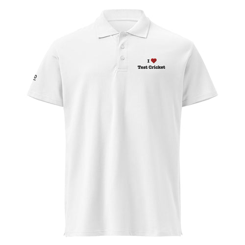 White polo shirt with black logo on a white background