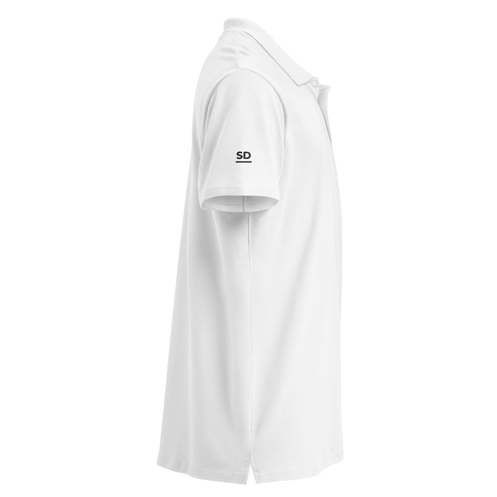 White polo shirt with black logo