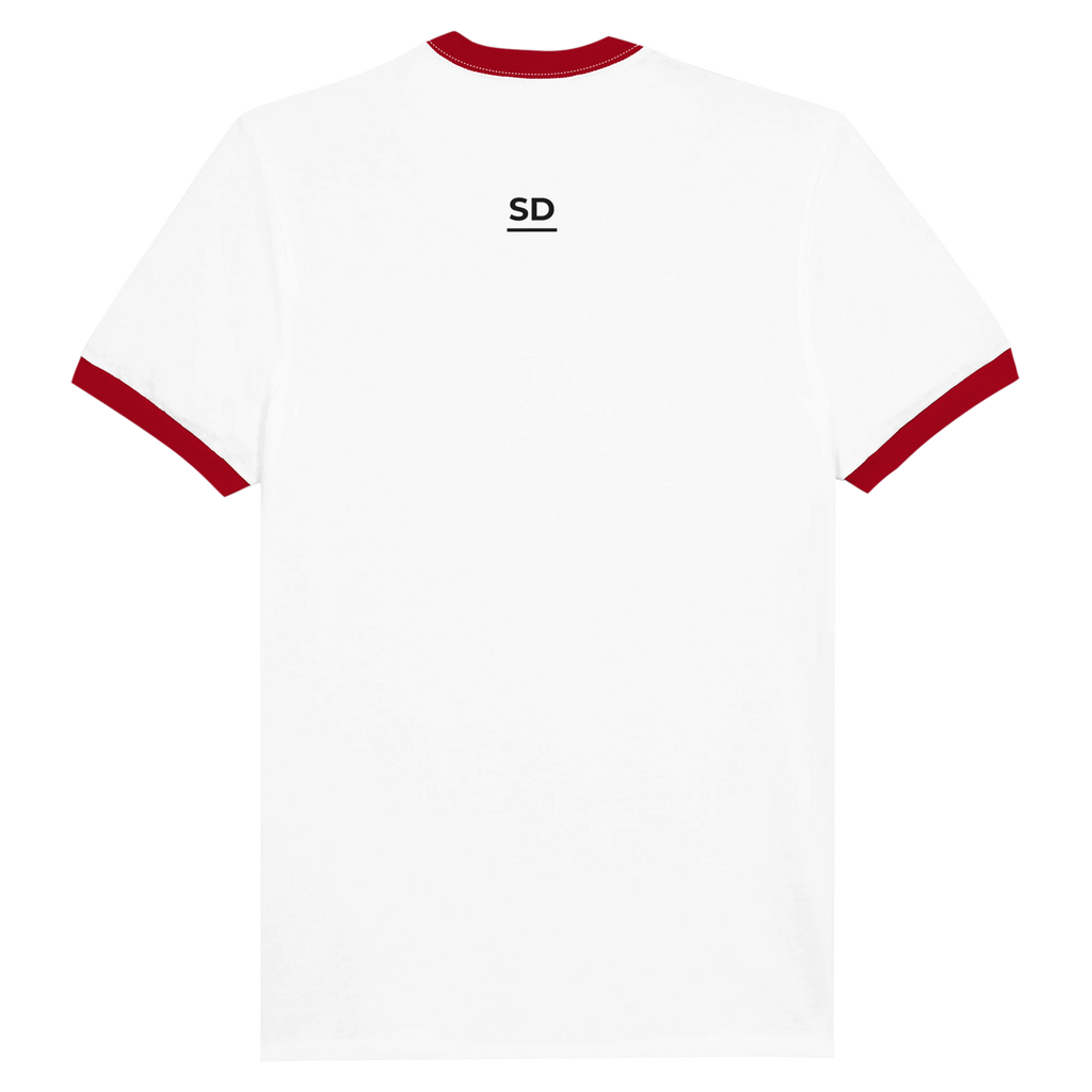 White cricket t-shirt with red accents on a white background