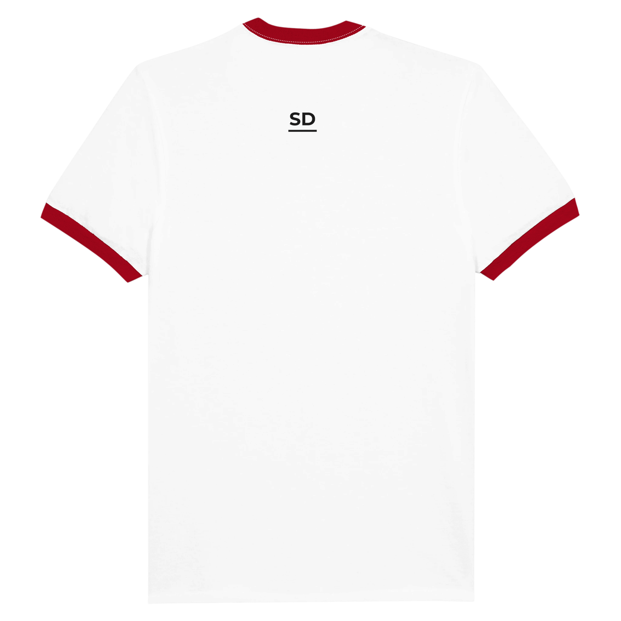 White cricket t-shirt with red accents on a white background