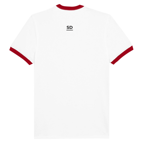 White cricket t-shirt with red accents on a white background