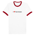 A white ringer t-shirt with red trim on the collar and sleeve cuffs, featuring the text 'I [red heart] Test Cricket' printed in black on the chest.