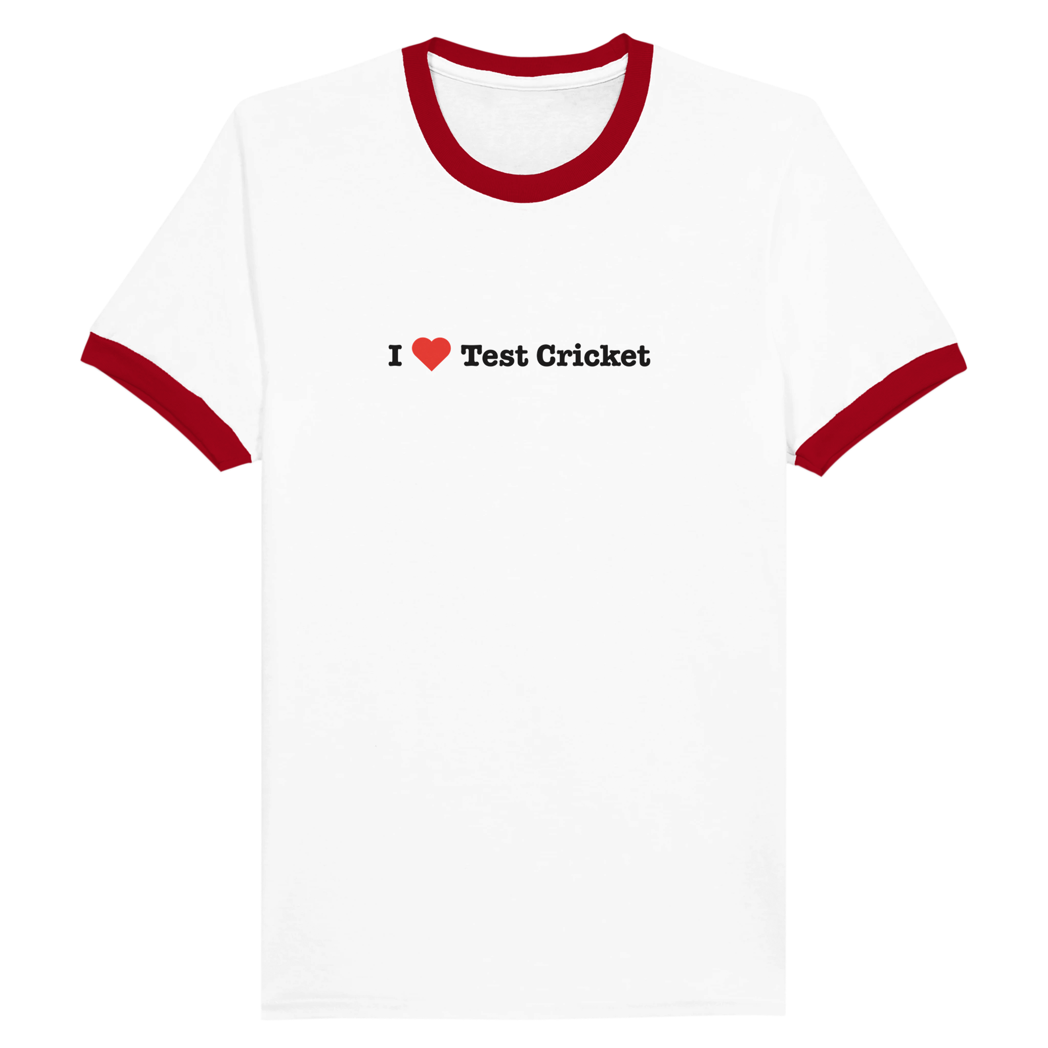 A white ringer t-shirt with red trim on the collar and sleeve cuffs, featuring the text 'I [red heart] Test Cricket' printed in black on the chest.